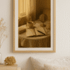 A Quiet Morning – Cozy Neutral Wall Art Download for Soft Spaces Framed printable wall art above a cozy beige bed, featuring a minimalist still life with a journal, steaming coffee, and soft morning light — perfect for neutral bedroom decor and emotional printable art lovers.
