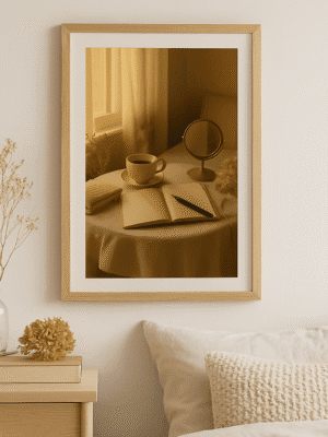 A Quiet Morning – Cozy Neutral Wall Art Download for Soft Spaces Framed printable wall art above a cozy beige bed, featuring a minimalist still life with a journal, steaming coffee, and soft morning light — perfect for neutral bedroom decor and emotional printable art lovers.