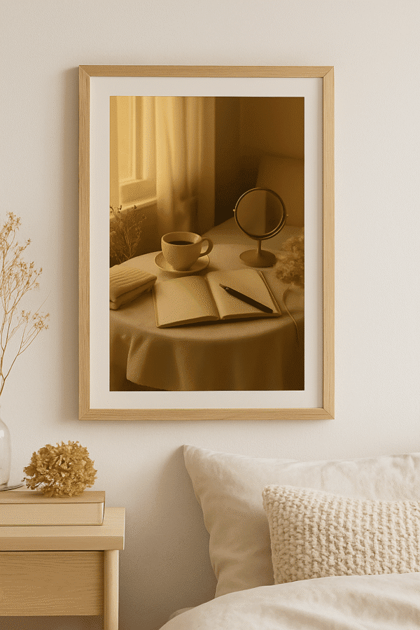 A Quiet Morning – Cozy Neutral Wall Art Download for Soft Spaces Framed printable wall art above a cozy beige bed, featuring a minimalist still life with a journal, steaming coffee, and soft morning light — perfect for neutral bedroom decor and emotional printable art lovers.