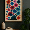 Abstract Floral Art with Monstera Plant Pixelated Floral Dreamscapes – available as a digital download or print-on-demand wall art. Bold pixel flower design in red, teal, navy. Shop now!