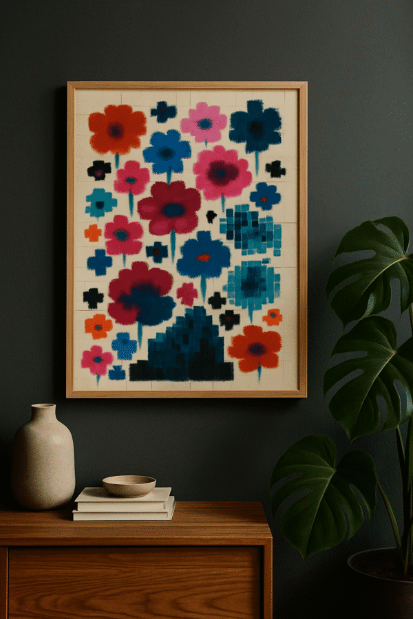 Abstract Floral Art with Monstera Plant Pixelated Floral Dreamscapes – available as a digital download or print-on-demand wall art. Bold pixel flower design in red, teal, navy. Shop now!