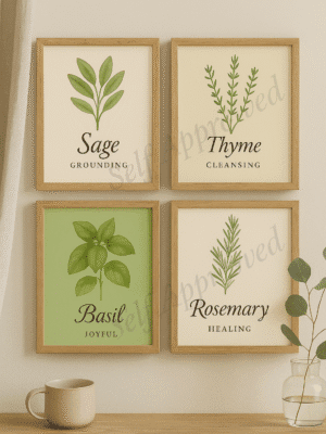 Botanical Herb Prints with Soft Accents Framed printable herb art set featuring Sage, Thyme, Rosemary, and Basil in a styled kitchen setting with overlapping props to prevent copying.