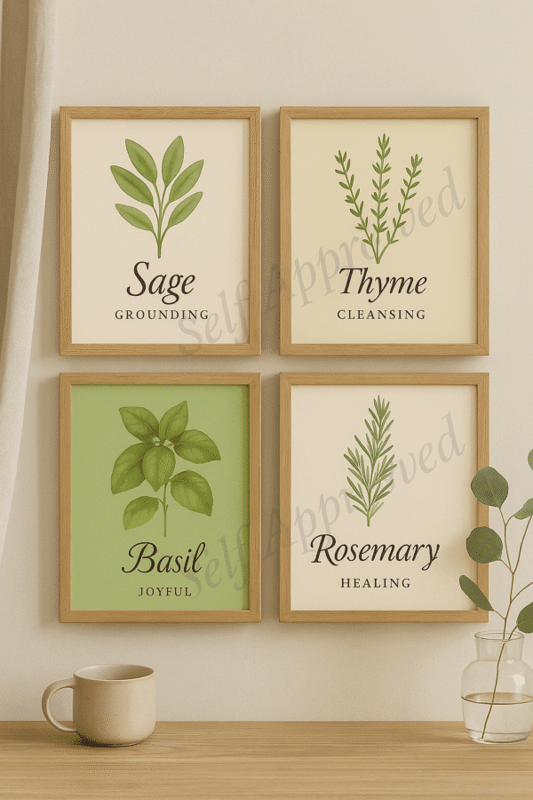 Botanical Herb Prints with Soft Accents Framed printable herb art set featuring Sage, Thyme, Rosemary, and Basil in a styled kitchen setting with overlapping props to prevent copying.