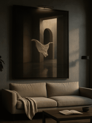 Brutalist Floating Fabric Wall Art – Minimalist Architecture Print for Modern Interiors Monumental minimalist art print: floating white drape in an arched brutalist hallway, high‑res downloadable wall art