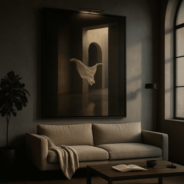 Brutalist Floating Fabric Wall Art – Minimalist Architecture Print for Modern Interiors Monumental minimalist art print: floating white drape in an arched brutalist hallway, high‑res downloadable wall art