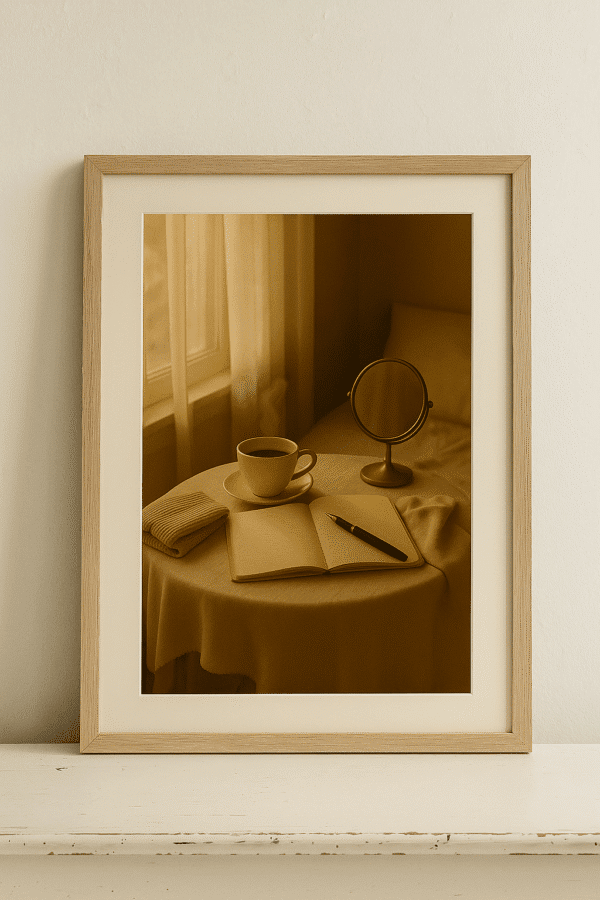 Cozy Writing Nook by the Window Framed printable wall art above a cozy beige bed, featuring a minimalist still life with a journal, steaming coffee, and soft morning light — perfect for neutral bedroom decor and emotional printable art lovers.