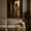 Ethereal Art in a Modern Living Room Monumental minimalist art print: floating white drape in an arched brutalist hallway, high‑res downloadable wall art
