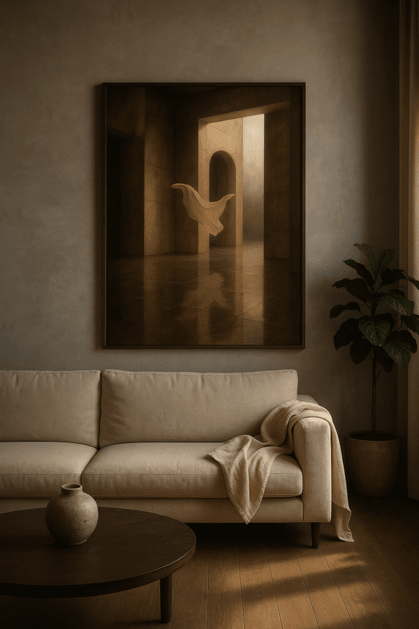Ethereal Art in a Modern Living Room Monumental minimalist art print: floating white drape in an arched brutalist hallway, high‑res downloadable wall art
