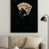 Flush in Gold – Royal Flush Poker Wall Art for Game Rooms, Bars & Luxury Decor Luxury poker wall art with a gloved hand holding a royal flush and diamond ring. Bold printable artwork with floating poker chips on a black background.