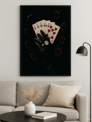 Flush in Gold – Royal Flush Poker Wall Art for Game Rooms, Bars & Luxury Decor Luxury poker wall art with a gloved hand holding a royal flush and diamond ring. Bold printable artwork with floating poker chips on a black background.