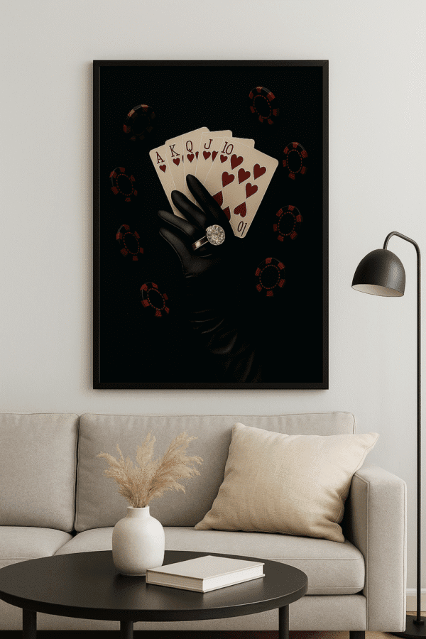 Flush in Gold – Royal Flush Poker Wall Art for Game Rooms, Bars & Luxury Decor Luxury poker wall art with a gloved hand holding a royal flush and diamond ring. Bold printable artwork with floating poker chips on a black background.