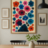 Modern Dining with Abstract Art Pixelated Floral Dreamscapes – available as a digital download or print-on-demand wall art. Bold pixel flower design in red, teal, navy. Shop now!