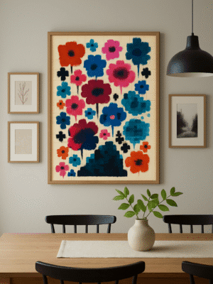 Modern Dining with Abstract Art Pixelated Floral Dreamscapes – available as a digital download or print-on-demand wall art. Bold pixel flower design in red, teal, navy. Shop now!