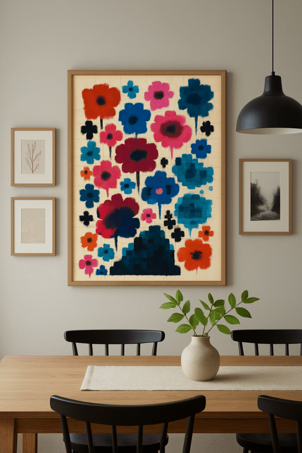 Modern Dining with Abstract Art Pixelated Floral Dreamscapes – available as a digital download or print-on-demand wall art. Bold pixel flower design in red, teal, navy. Shop now!