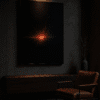 Modern Minimalist with Fiery Art Framed digital art print with a glowing energy burst in red and orange tones, featured in a minimalist luxury interior with warm spotlighting.