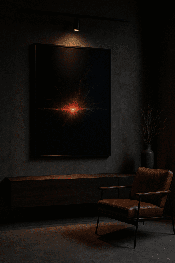 Modern Minimalist with Fiery Art Framed digital art print with a glowing energy burst in red and orange tones, featured in a minimalist luxury interior with warm spotlighting.