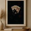 Poker Face Still Life Luxury poker wall art with a gloved hand holding a royal flush and diamond ring. Bold printable artwork with floating poker chips on a black background.