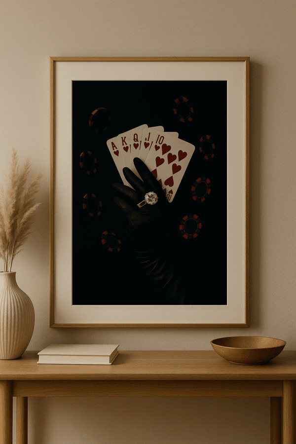 Poker Face Still Life Luxury poker wall art with a gloved hand holding a royal flush and diamond ring. Bold printable artwork with floating poker chips on a black background.
