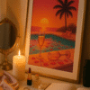 Romantic Sunset Wall Art – Digital Print for Soft Glam Bedrooms & Vanity Corners Romantic digital wall art of a sunset poolside scene with rose petals, champagne glasses, palm trees, and heels