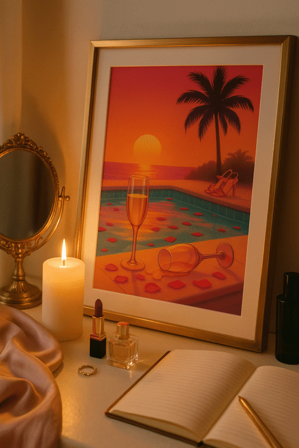 Romantic Sunset Wall Art – Digital Print for Soft Glam Bedrooms & Vanity Corners Romantic digital wall art of a sunset poolside scene with rose petals, champagne glasses, palm trees, and heels