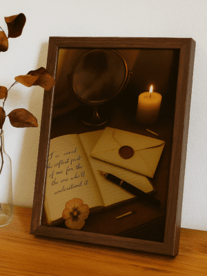 Vintage Still Life with Handwritten Message (1) Vintage love letter wall art with a journal, wax-sealed envelope, pen, and candlelight, evoking emotional connection and soft nostalgia.