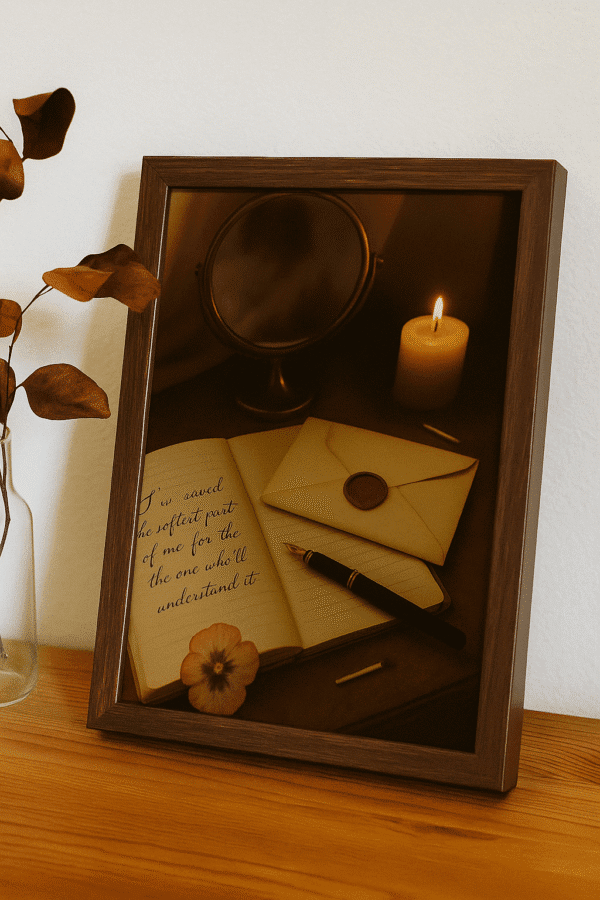 Vintage Still Life with Handwritten Message (1) Vintage love letter wall art with a journal, wax-sealed envelope, pen, and candlelight, evoking emotional connection and soft nostalgia.