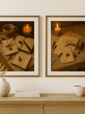 Vintage Still Life with Soft Warmth Cozy vintage printable wall art set featuring letters, books, and candlelight – perfect for romantic reading corners