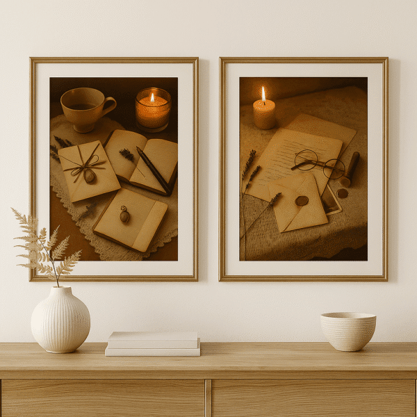 Vintage Still Life with Soft Warmth Cozy vintage printable wall art set featuring letters, books, and candlelight – perfect for romantic reading corners