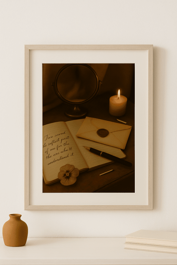 Vintage Writing and Candlelit Romance Vintage love letter wall art with a journal, wax-sealed envelope, pen, and candlelight, evoking emotional connection and soft nostalgia.