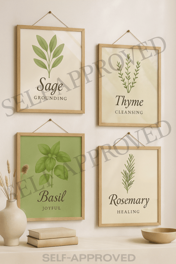 herb art Framed printable herb art set featuring Sage, Thyme, Rosemary, and Basil in a styled kitchen setting with overlapping props to prevent copying.