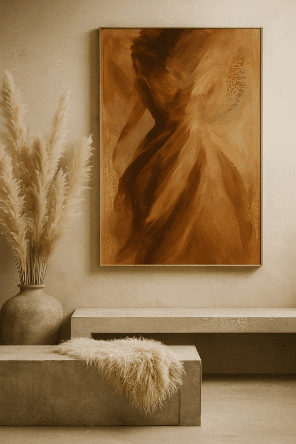 Abstract Serenity with Pampas Grass Where Earth Breathes – a digital earth tone abstract wall art print featuring warm clay, beige, and brown tones with soft swirling movement, ideal for modern and minimalist interiors