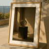 An elegant glass ring sculpture bathed in warm sunlight—printable art for modern, minimalist interiors. Framed print of a glowing glass ring sculpture displayed outdoors on a coastal terrace in golden sunlight