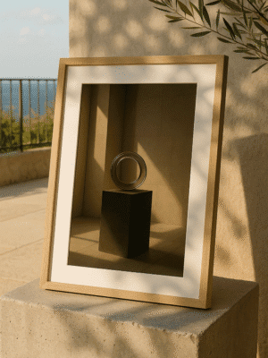 An elegant glass ring sculpture bathed in warm sunlight—printable art for modern, minimalist interiors. Framed print of a glowing glass ring sculpture displayed outdoors on a coastal terrace in golden sunlight