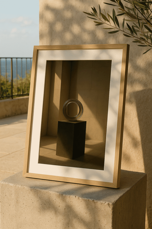 An elegant glass ring sculpture bathed in warm sunlight—printable art for modern, minimalist interiors. Framed print of a glowing glass ring sculpture displayed outdoors on a coastal terrace in golden sunlight