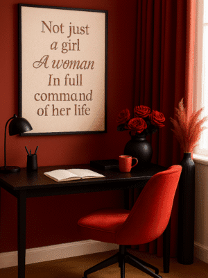 Empowered Workspace with Red Accents Bold feminine art print for women’s office — digital download titled Grit