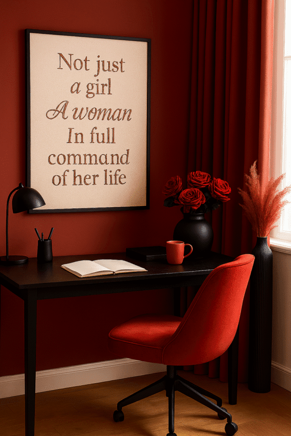 Empowered Workspace with Red Accents Bold feminine art print for women’s office — digital download titled Grit
