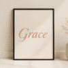 Grace Whispers – Blush Printable Wall Art for Cozy Neutral Interiors ‘Grace Whispers’ is a modern printable wall art design that brings softness and clarity to any room. Featuring the word “Grace” in rose-blush calligraphy against a textured ivory background, this piece is designed to feel both intentional and timeless.