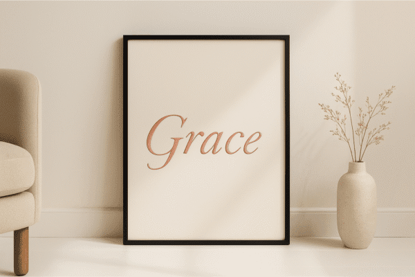 Grace Whispers – Blush Printable Wall Art for Cozy Neutral Interiors ‘Grace Whispers’ is a modern printable wall art design that brings softness and clarity to any room. Featuring the word “Grace” in rose-blush calligraphy against a textured ivory background, this piece is designed to feel both intentional and timeless.