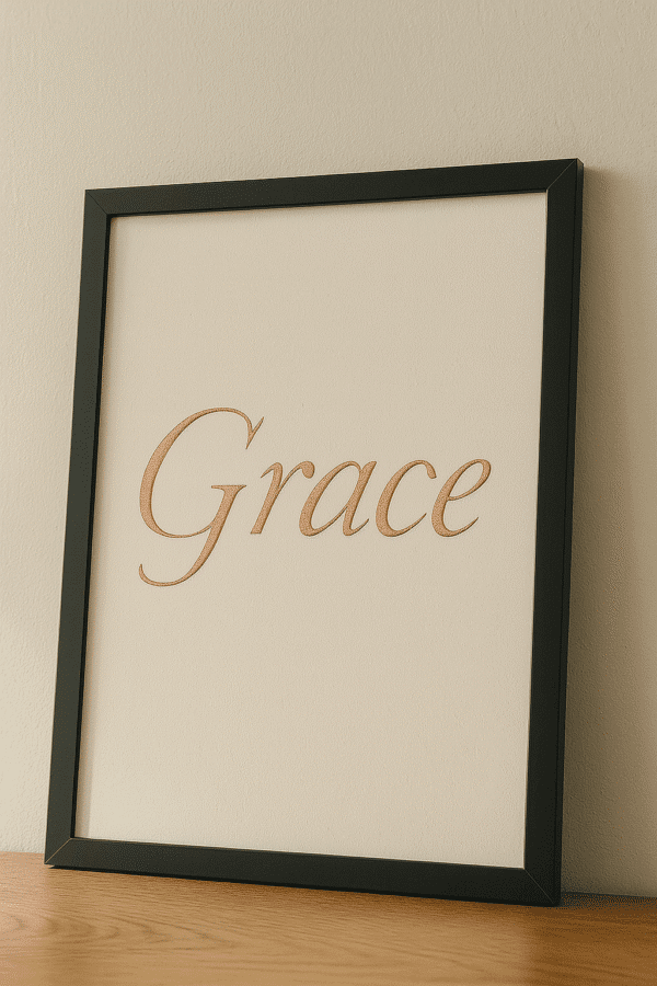 Graceful Script on Soft Textured Paper ‘Grace Whispers’ is a modern printable wall art design that brings softness and clarity to any room. Featuring the word “Grace” in rose-blush calligraphy against a textured ivory background, this piece is designed to feel both intentional and timeless.