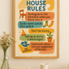 House Rules in a Warm Setting Framed watercolor House Rules printable wall art featuring quirky text and illustrations, styled in a cozy minimalist room with books and flowers