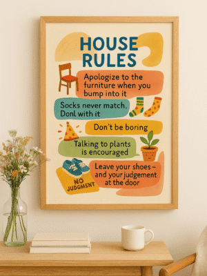 House Rules in a Warm Setting Framed watercolor House Rules printable wall art featuring quirky text and illustrations, styled in a cozy minimalist room with books and flowers