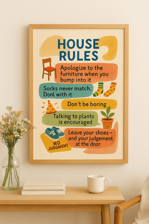 House Rules in a Warm Setting Framed watercolor House Rules printable wall art featuring quirky text and illustrations, styled in a cozy minimalist room with books and flowers