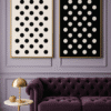 Lavender-Infused Art & Velvet Elegance Framed minimalist polka dot wall art set in black and white, displayed in a modern interior