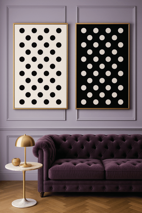 Lavender-Infused Art & Velvet Elegance Framed minimalist polka dot wall art set in black and white, displayed in a modern interior