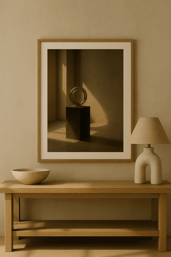 Minimalist Interior with Artistic Touch Close‑up of sunlit glass ring sculpture highlighting reflections and smooth surface