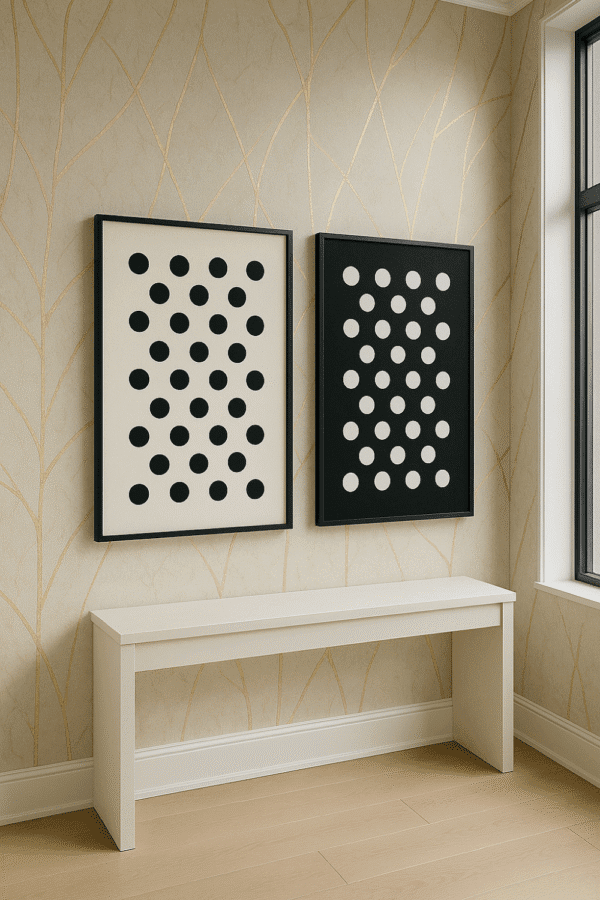 Polka Dots and Natural Light Framed minimalist polka dot wall art set in black and white, displayed in a modern interior