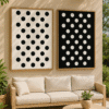 Polka Dots and Patio Serenity Framed minimalist polka dot wall art set in black and white, displayed in a modern interior