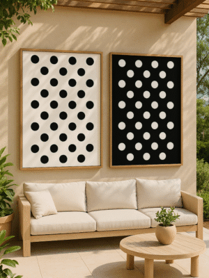 Polka Dots and Patio Serenity Framed minimalist polka dot wall art set in black and white, displayed in a modern interior