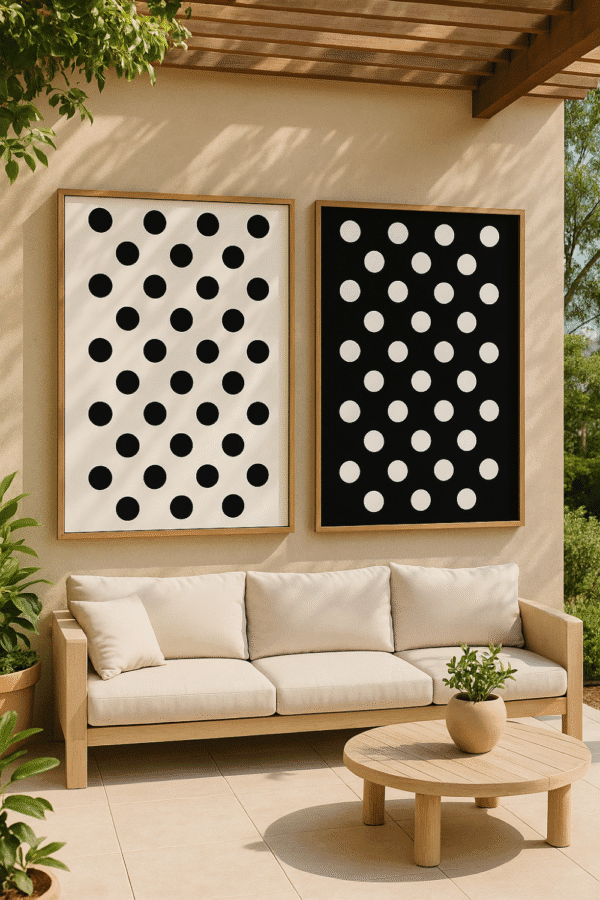 Polka Dots and Patio Serenity Framed minimalist polka dot wall art set in black and white, displayed in a modern interior