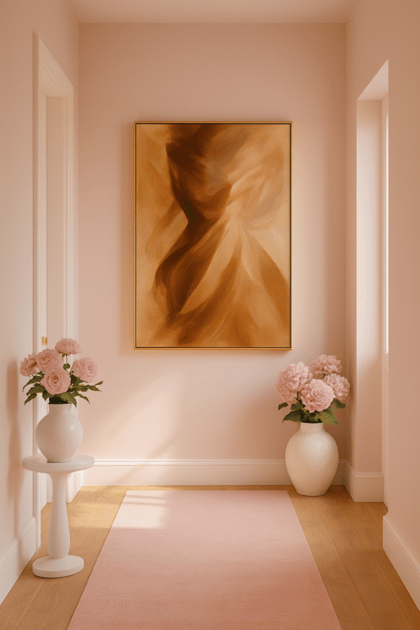Serene Hallway with Soft Lighting Where Earth Breathes – a digital earth tone abstract wall art print featuring warm clay, beige, and brown tones with soft swirling movement, ideal for modern and minimalist interiors